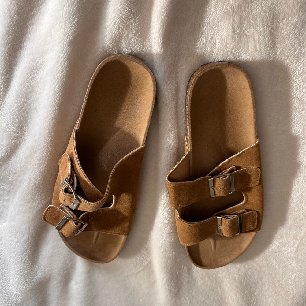 Brown Suede Double Buckle Sandals